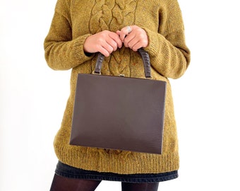 Vintage Brown Box Satchel Bag // Vegan Top-Handle Frame Handbag