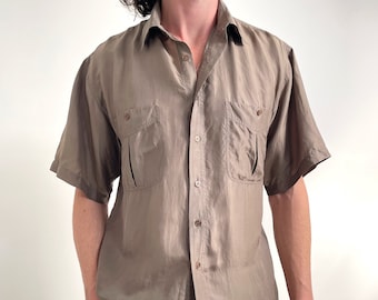 Vintage Men’s Brown Silk Shirt // 80's Men's Short Sleeve Shirt // Medium