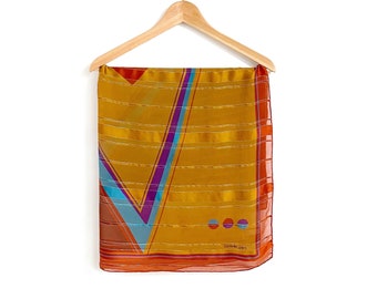 80’s Vintage Torrente Paris Brown & Mustard Sheer Silk Scarf // Geometric Print Lightweight Scarf