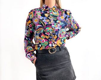 Vintage Bright Abstract Print Blouse | Ladies Colourful Navy Long Sleeve Shirt | Medium