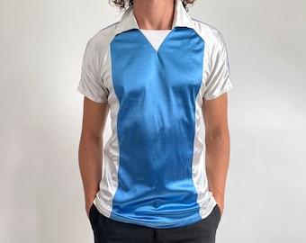 80's Vintage Shiny Sports Jersey Top | Shiny Blue & Silver T-shirt w Collar | Small - Medium