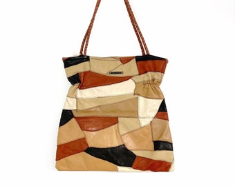 Y2K MORGAN Brown Patchwork Leather Tote Bag | 00’s Vintage Shoulder Bag | Medium