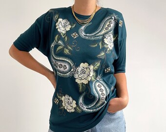90's Vintage Printed Teal T-shirt // Flower & Paisley Print Top // Medium