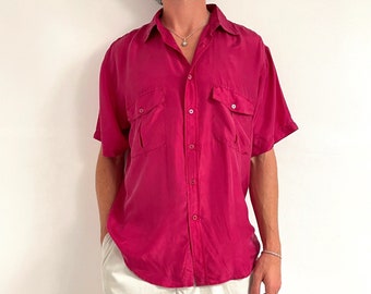 80er Jahre Herren Dunkelrotes Seidenhemd // Vintage Kurzarm Sommer Shirt // Medium