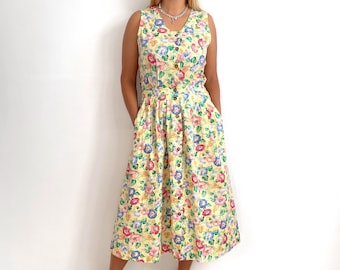 Vintage Yellow, Pink & Blue Floral Summer Dress | Long Bright Sleeveless Dress | Medium