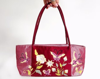 00s Vintage Embroidered Silk Handbag w Flowers & Butterflies | Y2K Pink Red Baguette Bag