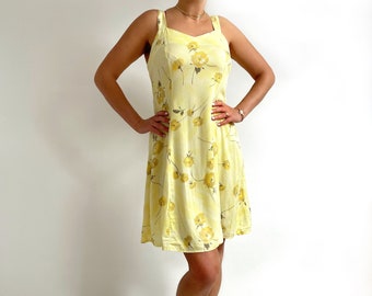 90's Vintage Yellow Mini Dress | Strappy Floral Summer Dress | Medium
