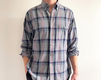 Vintage Men’s Check Cotton Shirt // Blue Plaid Long Sleeve Shirt // Large