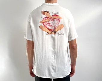 Vintage Herren Weißes Bowling Shirt mit Rücken Print | 'I Love Caroll's 'Playa de Aro 80's Rockabilly Kurzarm-Urlaubs-Shirt | Mittelgroß