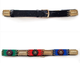 Vintage Multicoloured Gold Panels Belt | Ladies Green, Red, Blue & Black Leather Belt | Medium - Large