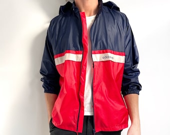Vintage ADIDAS Cortavientos / Packable Unisex Azul Marino & Rojo Chaqueta Deportiva Resistente a la Intemperie / Mediano