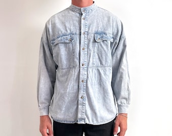 Vintage 80’s Distressed Denim Shirt | Men’s Light Blue Jeans Shirt | Long Sleeve | Medium