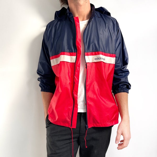 Vintage ADIDAS Windbreaker | Packable Unisex Navy & Red Weatherproof Sports Jacket | Medium