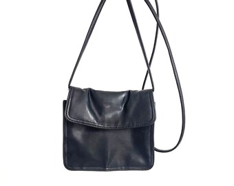 Vintage Small Black Leather Cross Body Bag | Long Thin Strap Minimalist Square Handbag