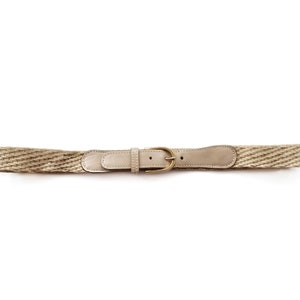 Vintage Beige Leather Belt With Gold Buckle | Ladies Elasticated Belt | Small - Medium | Made in USA