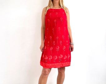 90s Vintage Red Strap Mini Dress | Short Bright Red Floral Summer Dress | X-Small