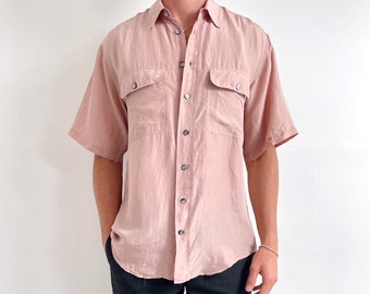 Vintage Men’s Pastel Pink Silk Shirt | 80’s Short Sleeve Summer Shirt | Small - Medium