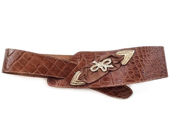 Vintage Brown Embossed Genuine Leather Belt w Gold Bow Detail | Asymmetrical Wide Belt | Ladies Statement Belt | Medium - Large