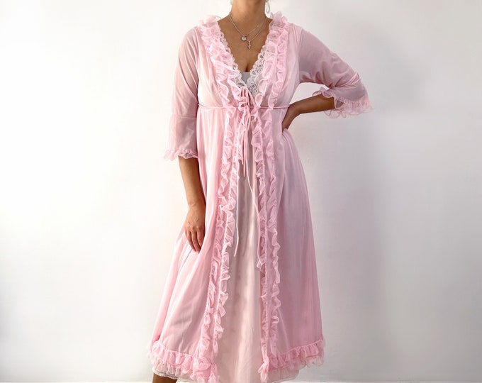 Pink Robe Frilly Vintage Frilly Pink Nylon Dressing Gown | Night House Robe, Maxi ...
