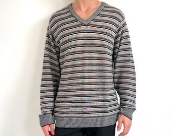 Vintage Striped Men's V-Neck Jumper | Black, White & Bright Knit Lightweight Sweater | Large