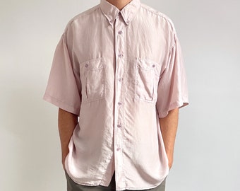 Vintage Light Pastel Pink Silk Shirt | 80s Short Sleeve Men’s Summer Shirt | Medium