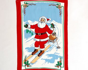 Vintage Christmas Tea Towel | Santa Claus on Skis Festive Kitchen Towel