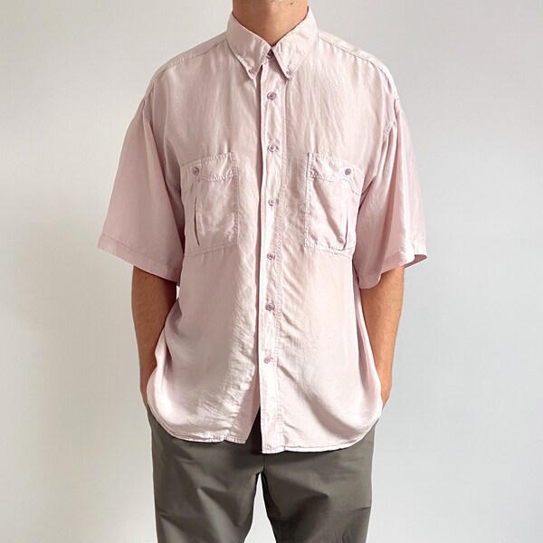 Vintage licht pastelroze zijden overhemd | Zomershirt voor heren met korte mouwen uit de jaren 80 | Medium