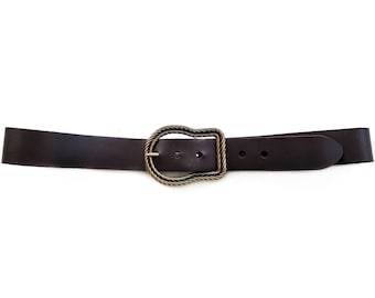 Vintage Espresso Dark Brown Leather Belt With Large Brass Buckle | Ladies Dress Belt | Medium - Large | Made in England