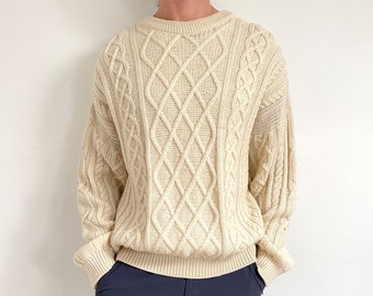 Vintage Men’s Natural Cream Wool Jumper | Cable Aran Knit Pure Wool Sweater | Large