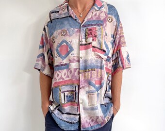 80's Vintage Printed Men’s Shirt // Abstract Pastel Print Short Sleeve Shirt // Medium - Large