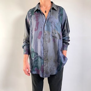 Vintage Dark Arty Print Silk Shirt | 80’s Long Sleeve Abstract Print Men’s Shirt | Large