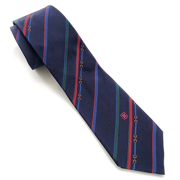 Vintage CELINE Silk Tie | Navy, Red & Green Stripe Designer Neck Tie | Made in Spain