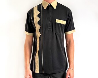 Vintage Gabicci Geometric Polo Shirt | Black & Beige Button T- Shirt | Medium