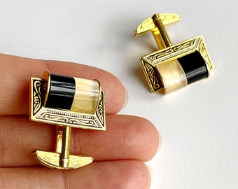 Vintage Ornate Cuff Links in Black Gold and Crystal