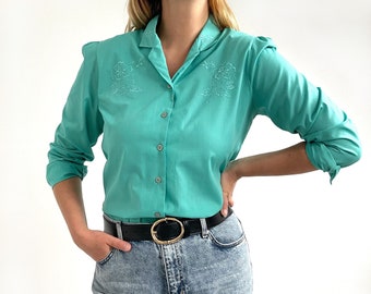 Vintage Teal Green Blouse with Floral Embroidery // Long Sleeve Ladies Shirt // Medium