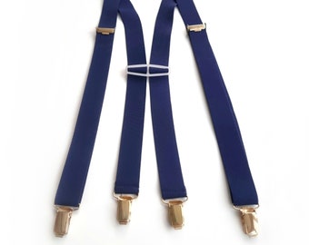 Vintage Men&#39;s Navy Elastic Suspenders | Trouser Braces With Gold Clips