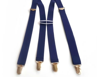 Vintage Men's Navy Elastic Suspenders | Trouser Braces With Gold Clips