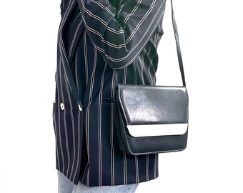 80’s Navy & White Shoulder Bag // Vegan Leather Long Strap Nautical Handbag // Removable Strap Clutch