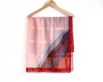 Vintage Sheer Pink, Terracota & Grey Scarf | Geometric Print Lightweight Jacquard Scarf