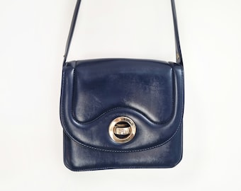 60's Vintage Navy Vinyl Shoulder Bag w Gold Clasp | Top Handle Handbag | Made in Britain
