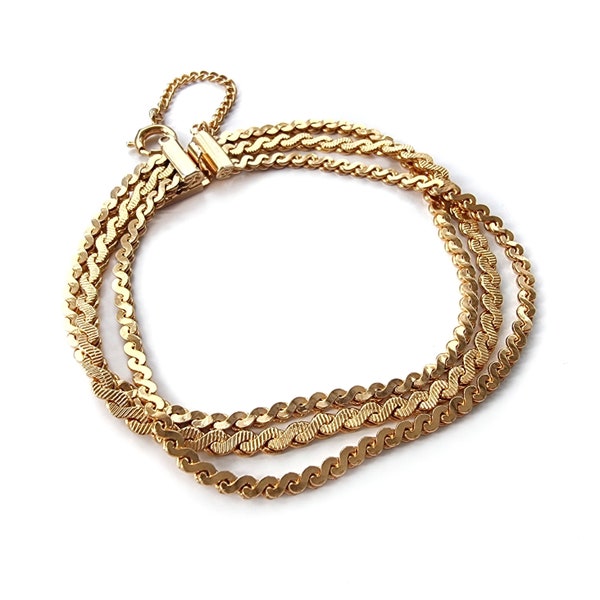 80’s Vintage Multistrand 18K Gold Plated Bracelet | Shiny Serpentine Style Chain, Three Strand Barcelet | New Deadstock