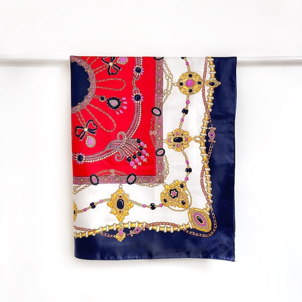 Vintage Opulent Jewels & Gemstones Print Scarf in Navy, Red, White, Purple | Fancy 80’s Jewellery Scarf