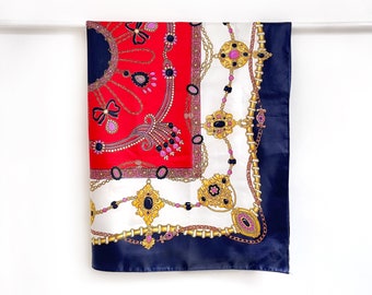 Vintage Opulent Jewels & Gemstones Print Scarf in Navy, Red, White, Purple | Fancy 80’s Jewellery Scarf