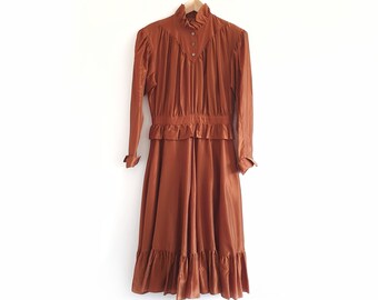 Designer Vintage Brown Mary Quant Dress // Long Taffeta Dress // Small