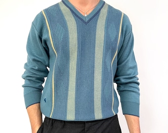 Vintage Gabicci Herren Pullover // Petrol & Creme Streifen V-Ausschnitt Pullover // Klein