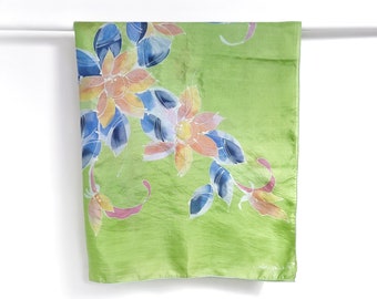 Vintage Bright Green, Blue & Pink Floral Silk Scarf | Batik Scarf With Floral Pattern