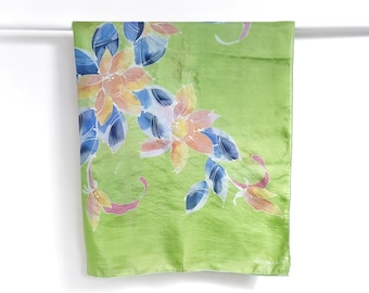 Vintage Hellgrün, Blau & Pink Blumen Seidenschal | Batik Schal mit Blumen Muster