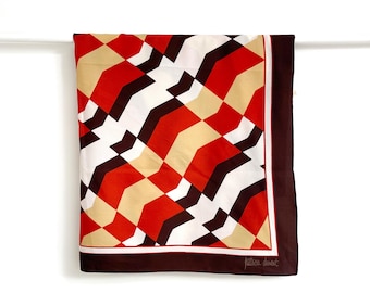 Vintage bruine, witte en oranje sjaal met geometrische print uit de jaren 70 van Patricia Dumont | Sjaal met optische illusie uit het midden van de eeuw