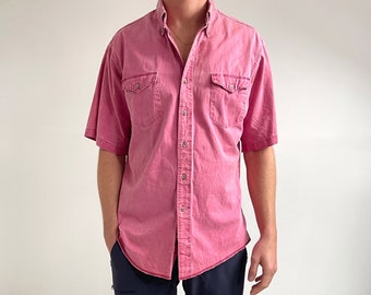 Vintage Wrangler Red Pink Shirt | Short Sleeve Denim Summer Shirt | Medium