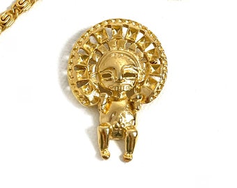 Spilla da uomo Maya in oro vintage anni '80 / Spilla Dio uomo azteco / New Deadstock vintage